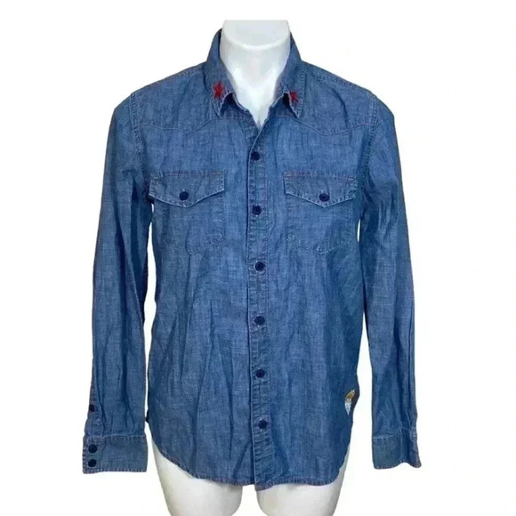 Lucky Brand denim embroidered button down jean shirt California palm tree - Picture 2 of 7